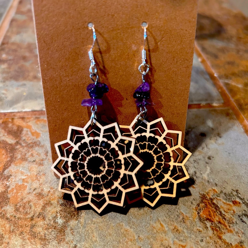 Wooden mandala earrings with amethyst